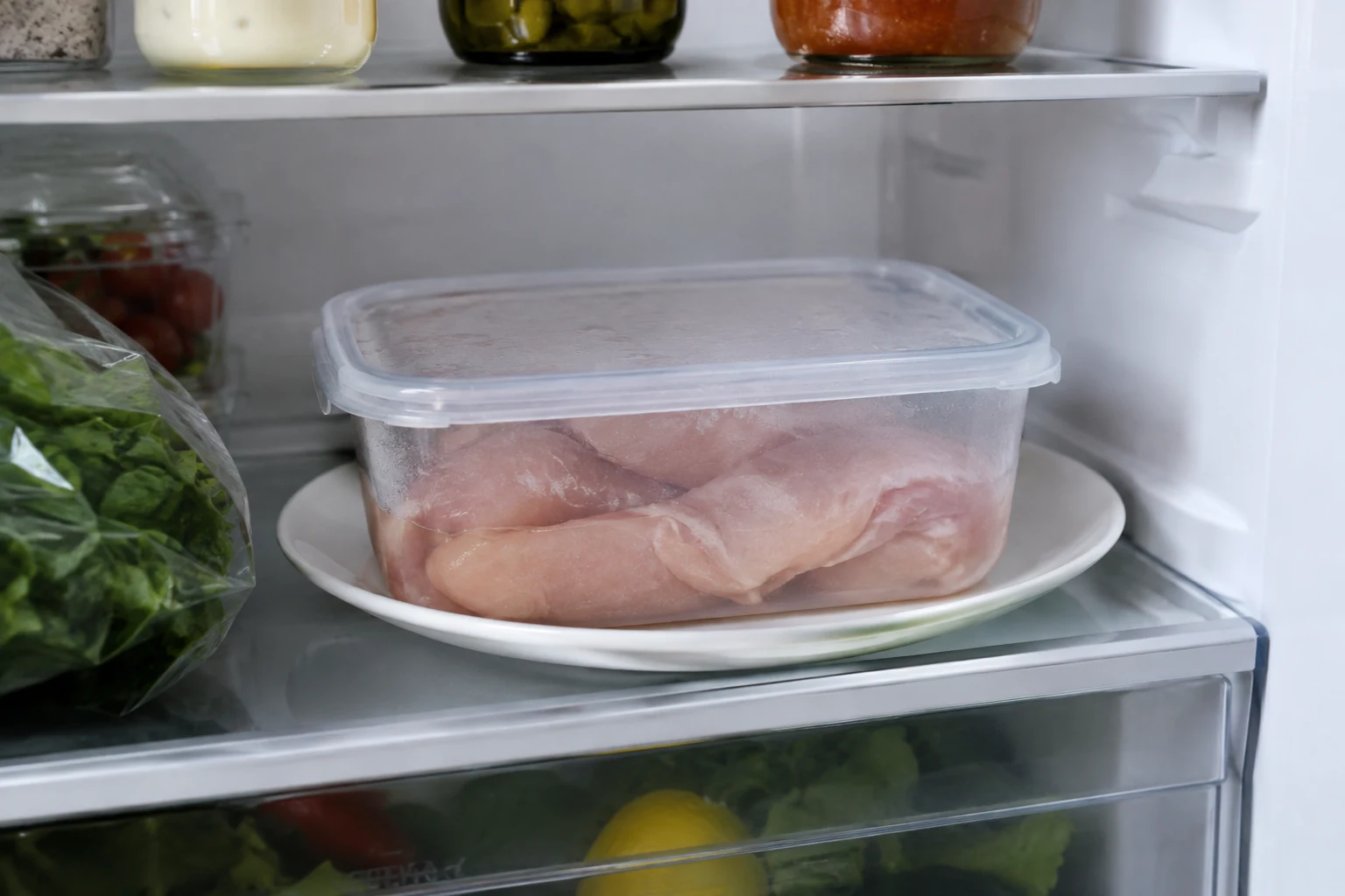 Raw chicken thawing in a covered container on a lower fridge shelf