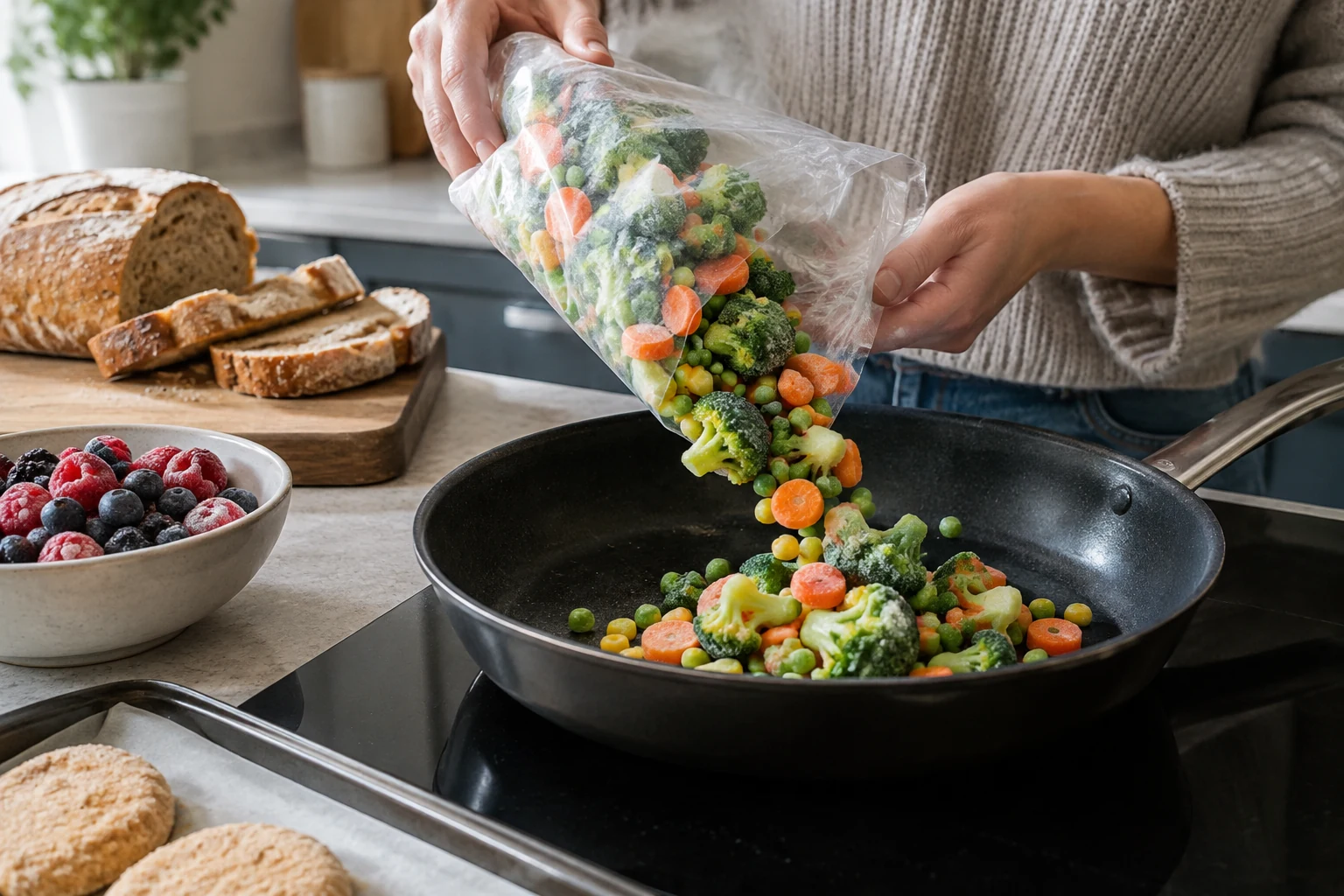 Frozen vegetables going straight into a pan