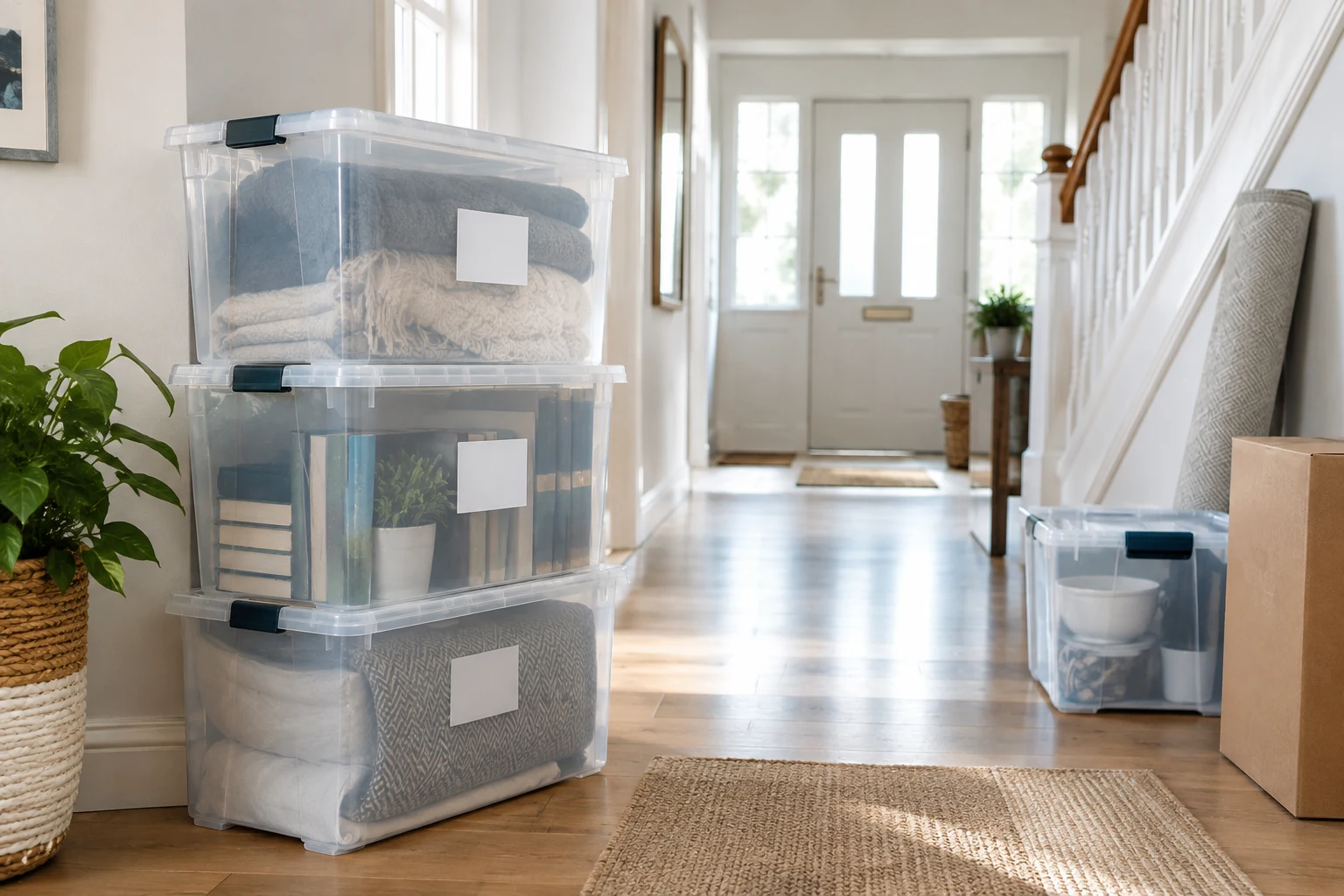 Sealed plastic storage boxes prepared for a house move