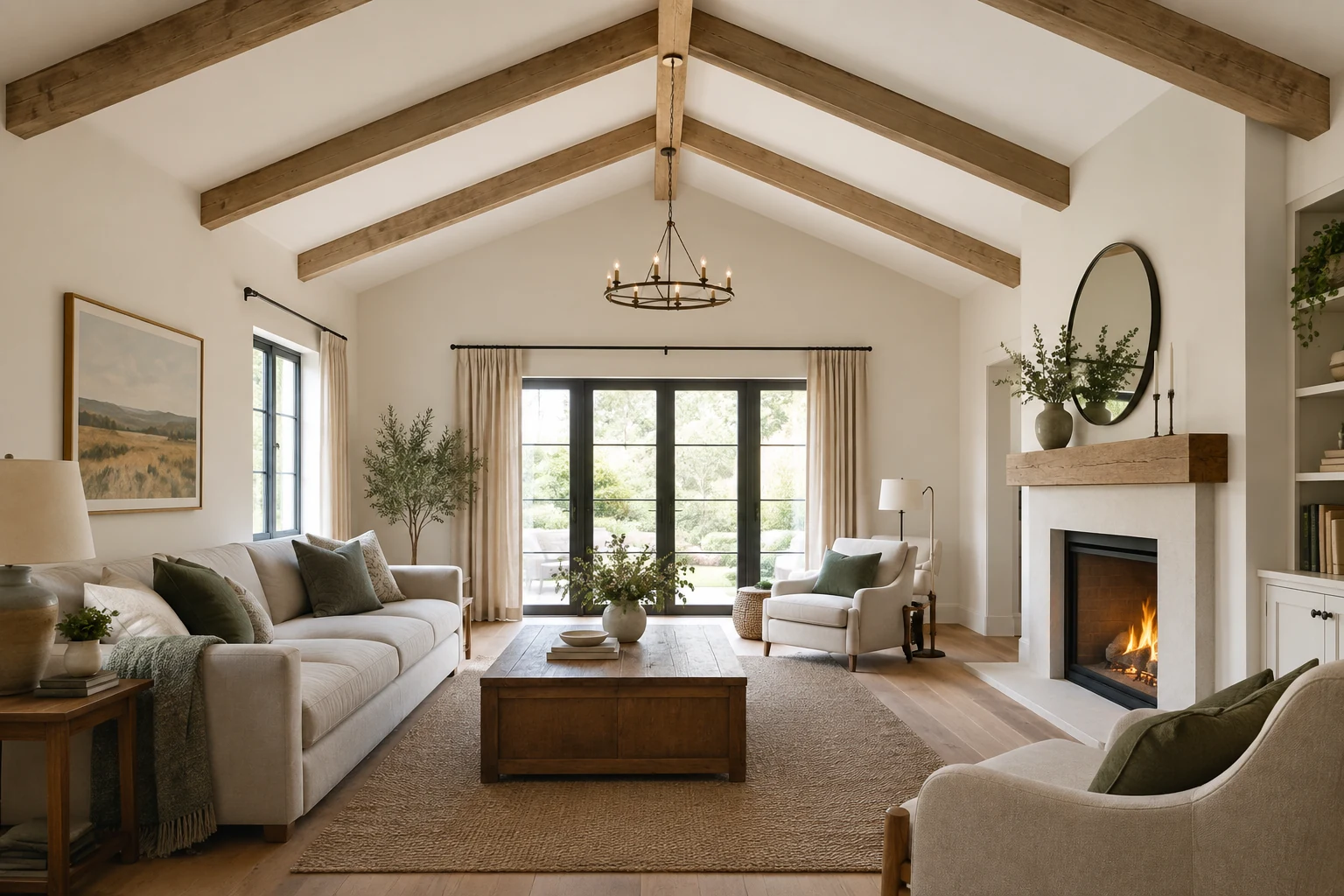 Faux wood beams arranged across a high living-room ceiling