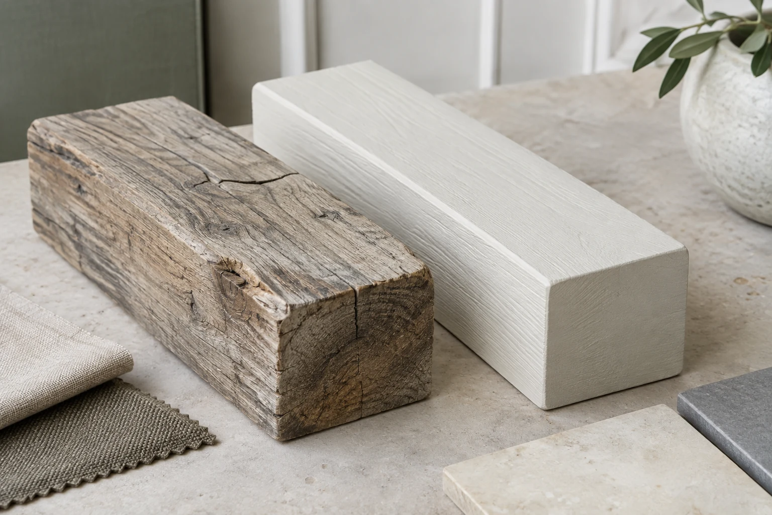 Distressed and smooth painted faux wood beam finish samples
